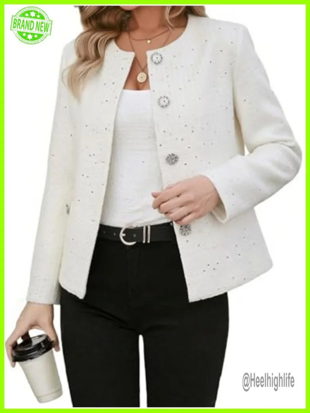 Short Tweed Sequin Blazer Casual Sparkly Jacket Round Neck